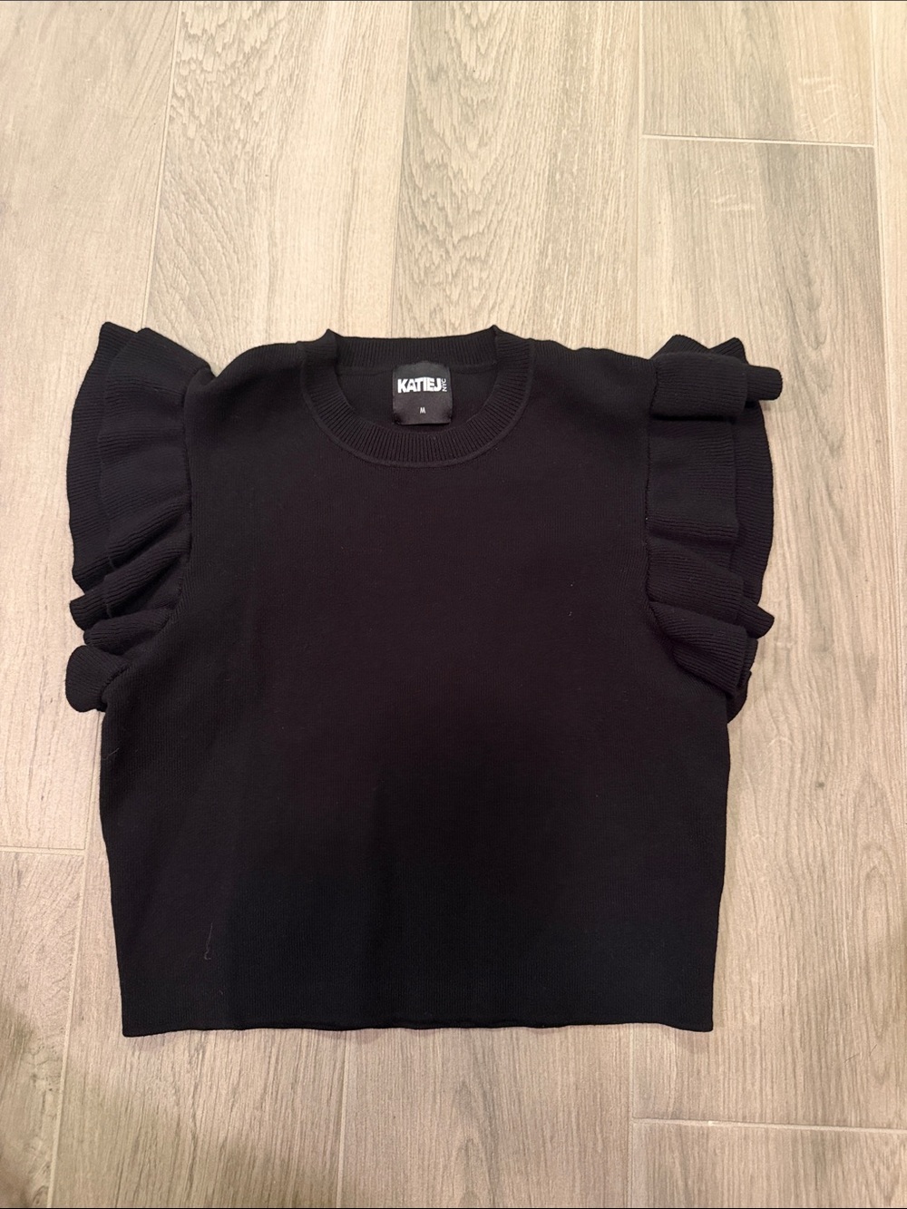 Katie J NYC Junior Girls Black Ruffled Sleeve Knit Top Size Medium